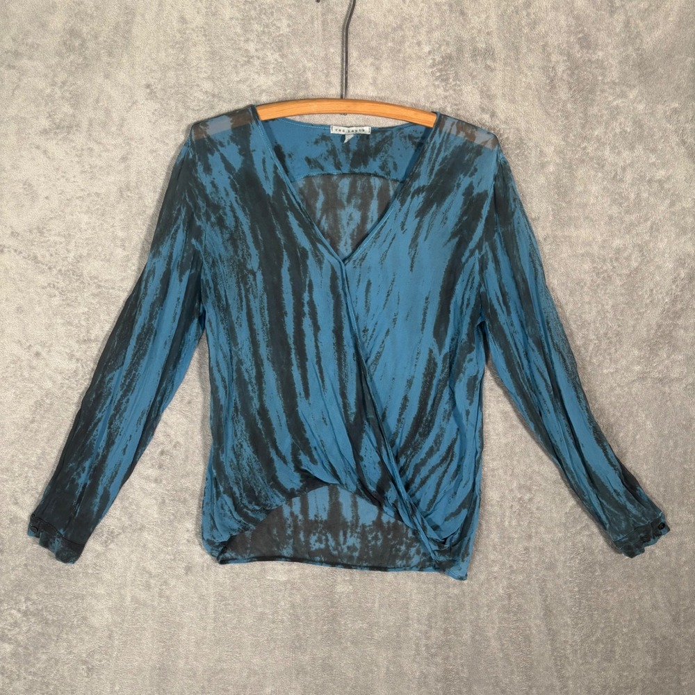 Red Haute Teal Black Tie Dye Surplice Wrap Long Sleeve Sheer Blouse M Boho Fairy